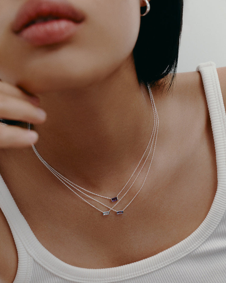 BAGUETTE BIRTHSTONE NECKLACE (STERLING SILVER)